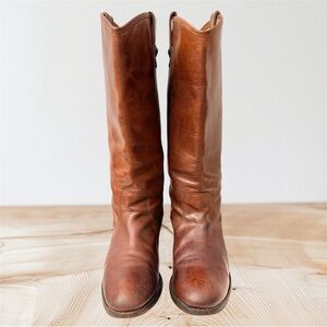 Frye Tall Cognac Brown Leather Boots Pull-On Western Roper 36 / 9B